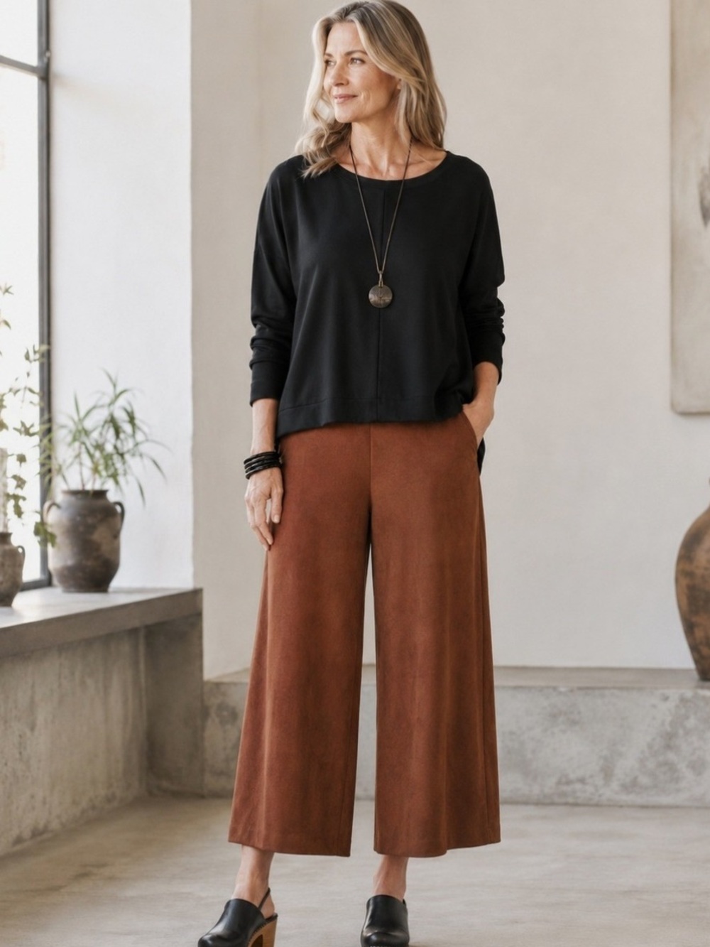Bryn Walker "Ella" Sequoia Rust Brown Faux Suede Flat Front Wide Leg Pants